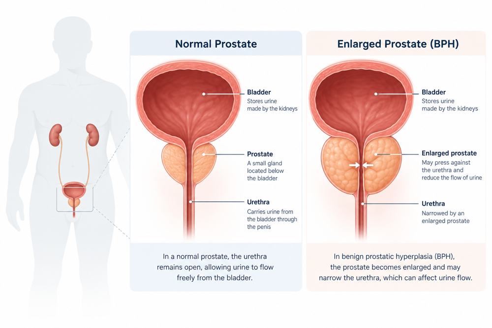 Diagram comparing a normal prostate with an enlarged prostate, showing the bladder, prostate and urethra