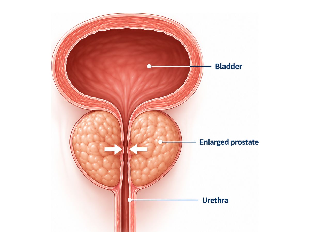 Illustration of an enlarged prostate narrowing the urethra