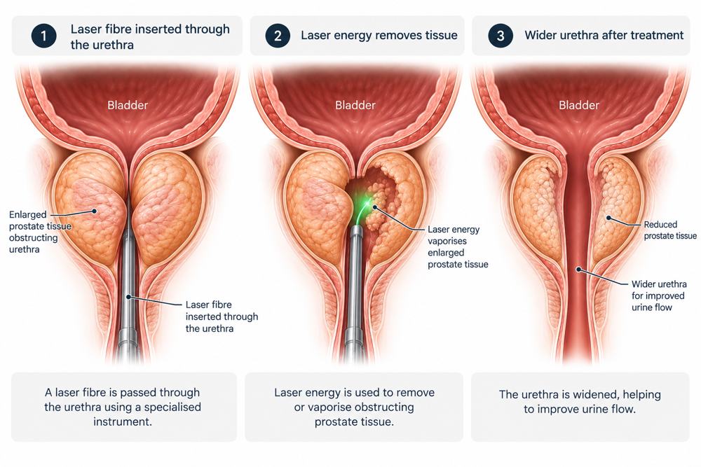 Laser fibre removing obstructing prostate tissue and the widened urethra afterwards