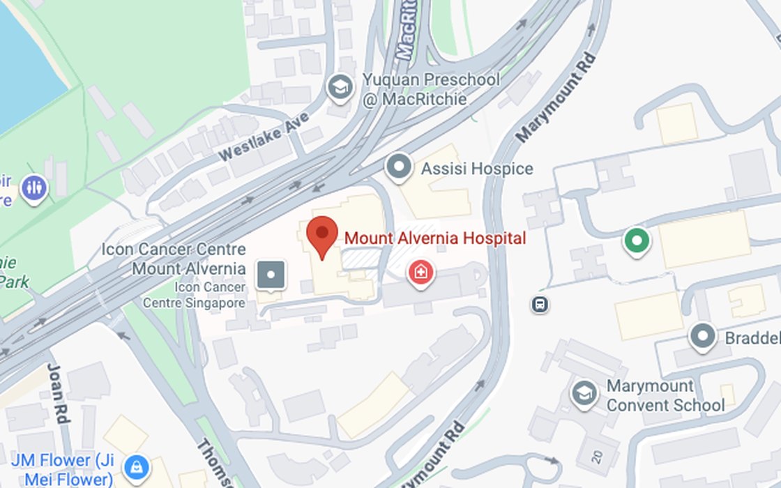 Map showing Mount Alvernia Hospital on Thomson Road, Singapore