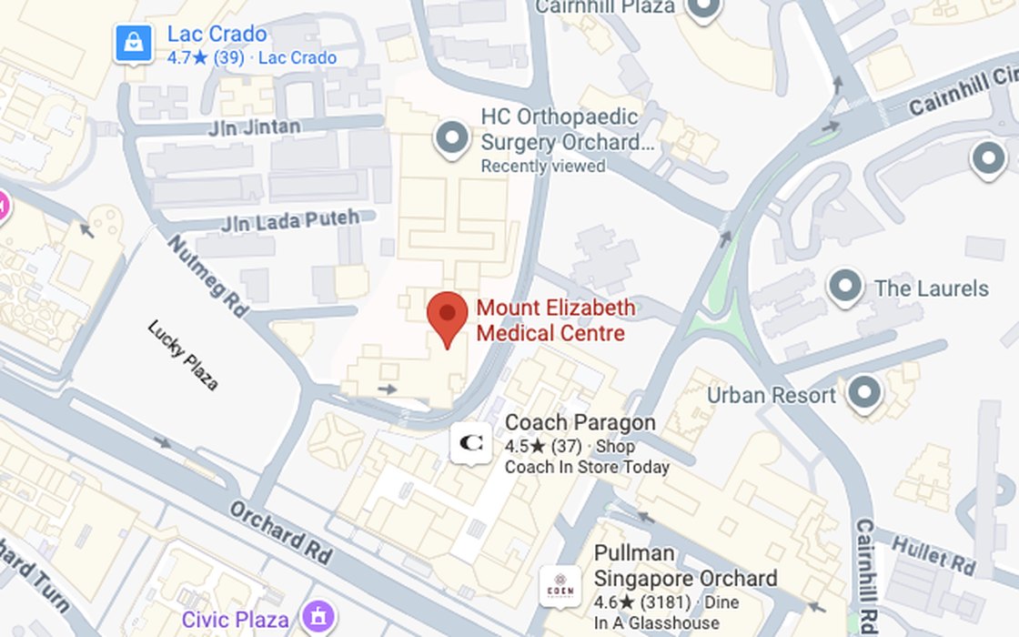 Map showing Mount Elizabeth Medical Centre near Orchard Road, Singapore