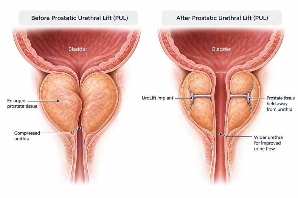Before and after a prostatic urethral lift, showing implants holding prostate tissue away from the urethra