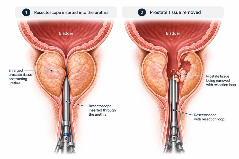 Resectoscope removing obstructing prostate tissue during TURP