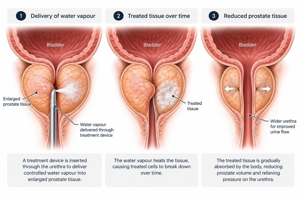 Three stages of water vapour therapy reducing enlarged prostate tissue